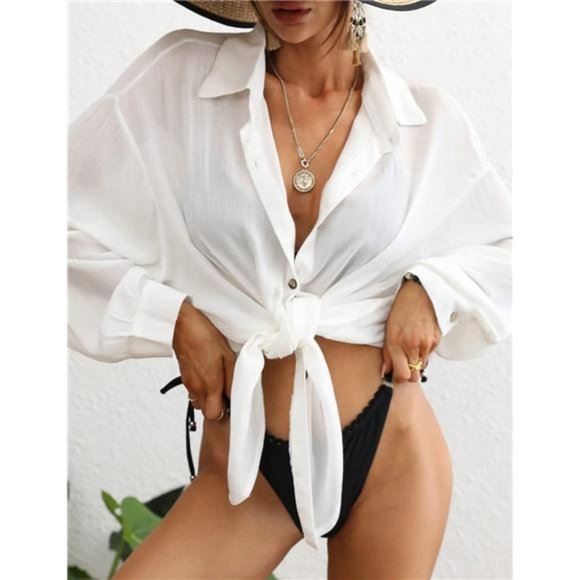 Swimsuit Coverup for Women Button Down Shirt Cover Up Beach Blouse Tops - Picture 5 of 7